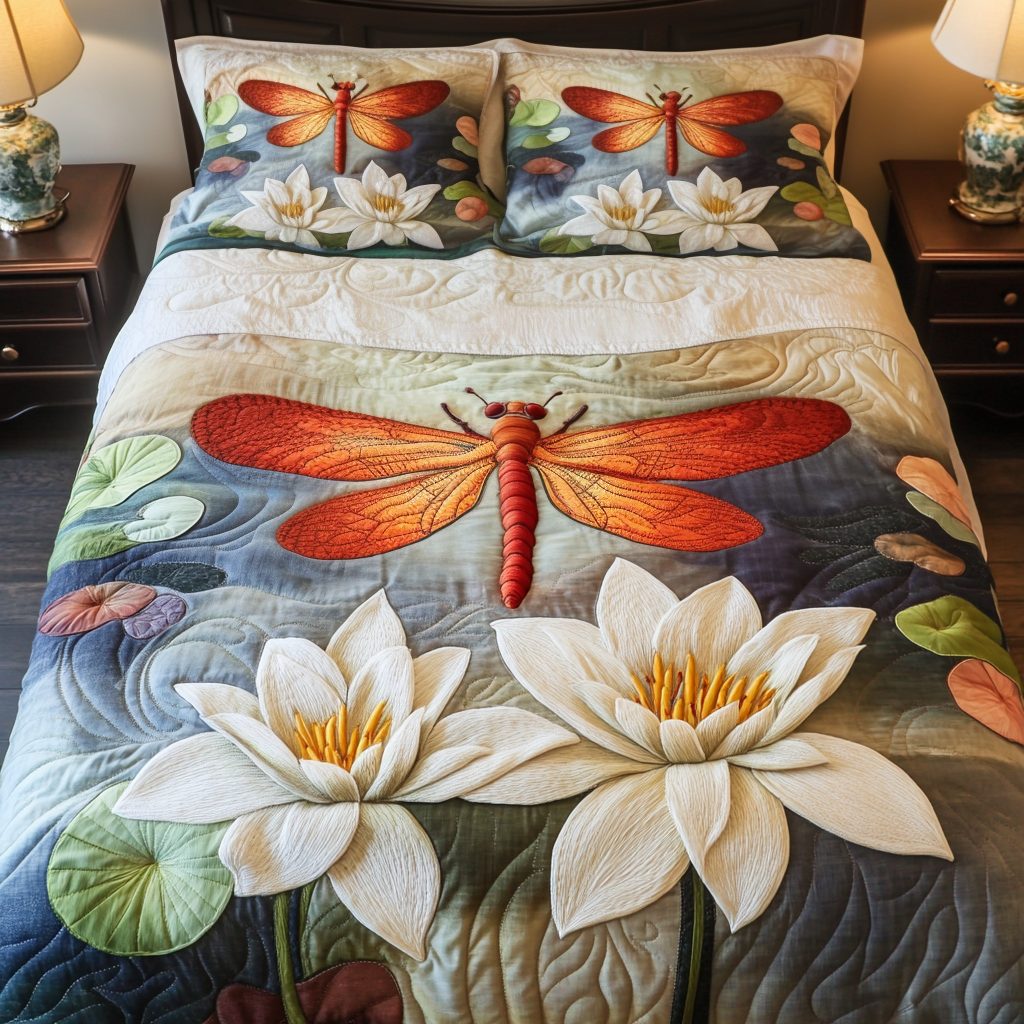 Lotus Wing quilted 3-piece bedding set on a made bed with two matching pillow shams