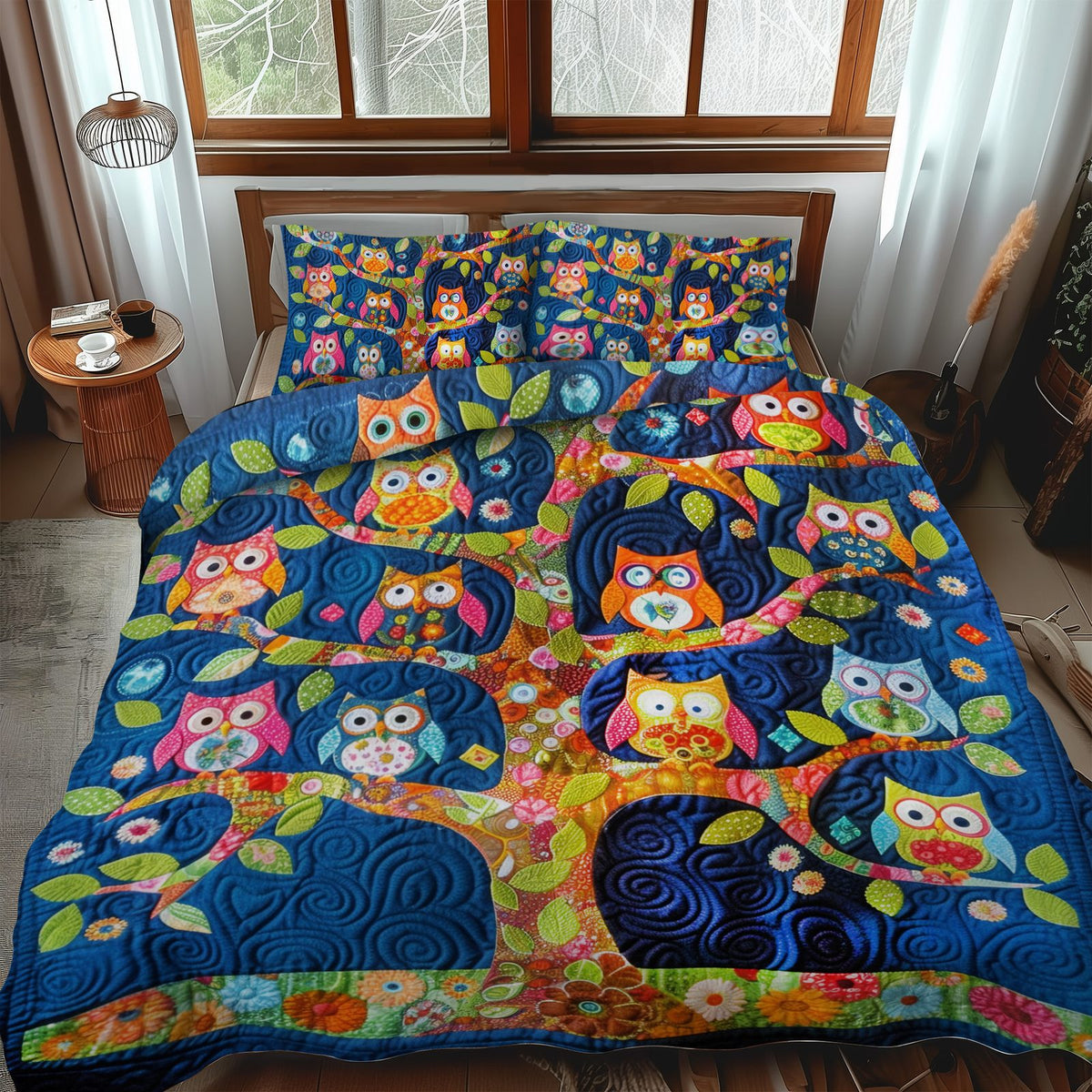 Lovable Owls quilted 3-piece bedding set on a made bed with two matching pillow shams