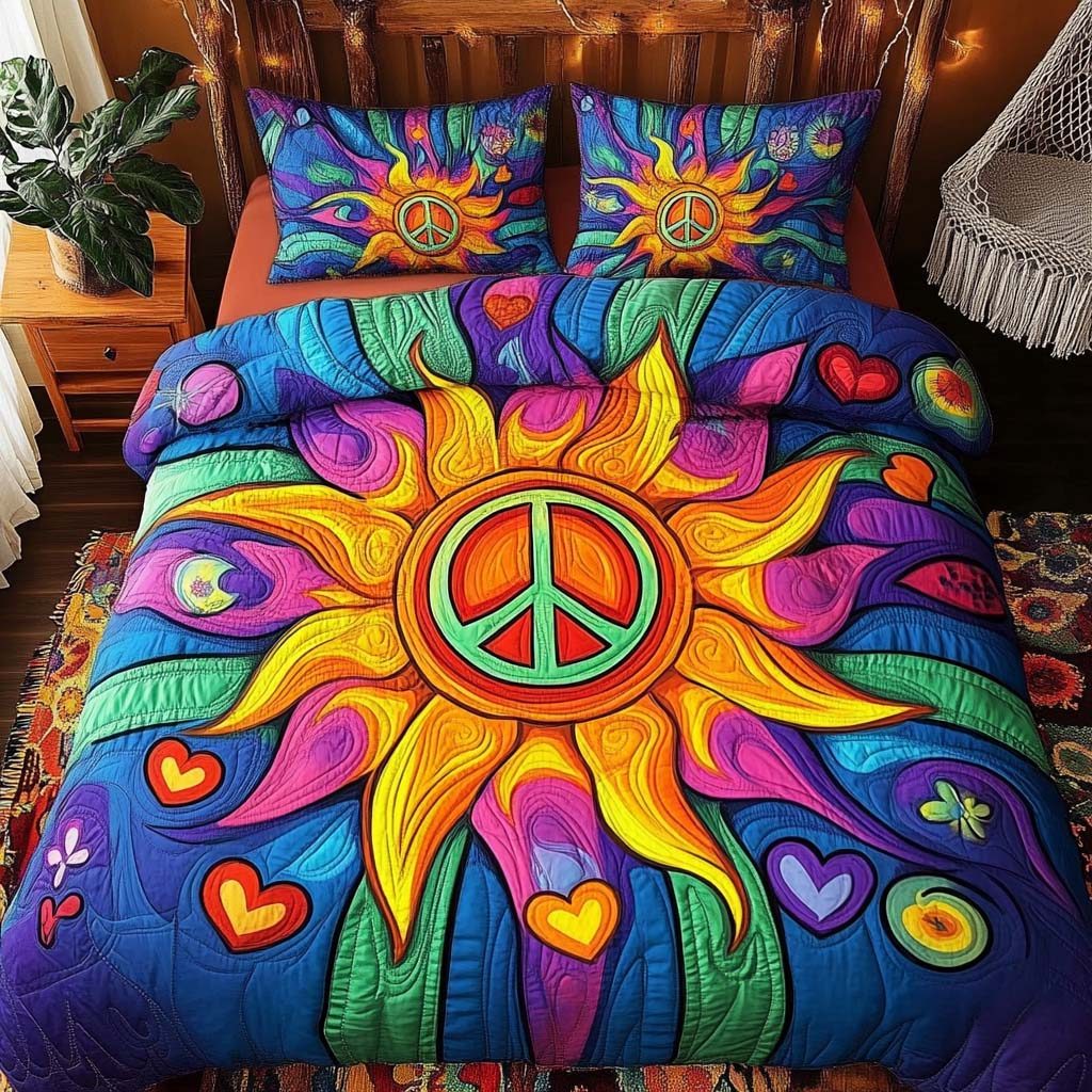 Love And Light quilted 3-piece bedding set on a made bed with two matching pillow shams