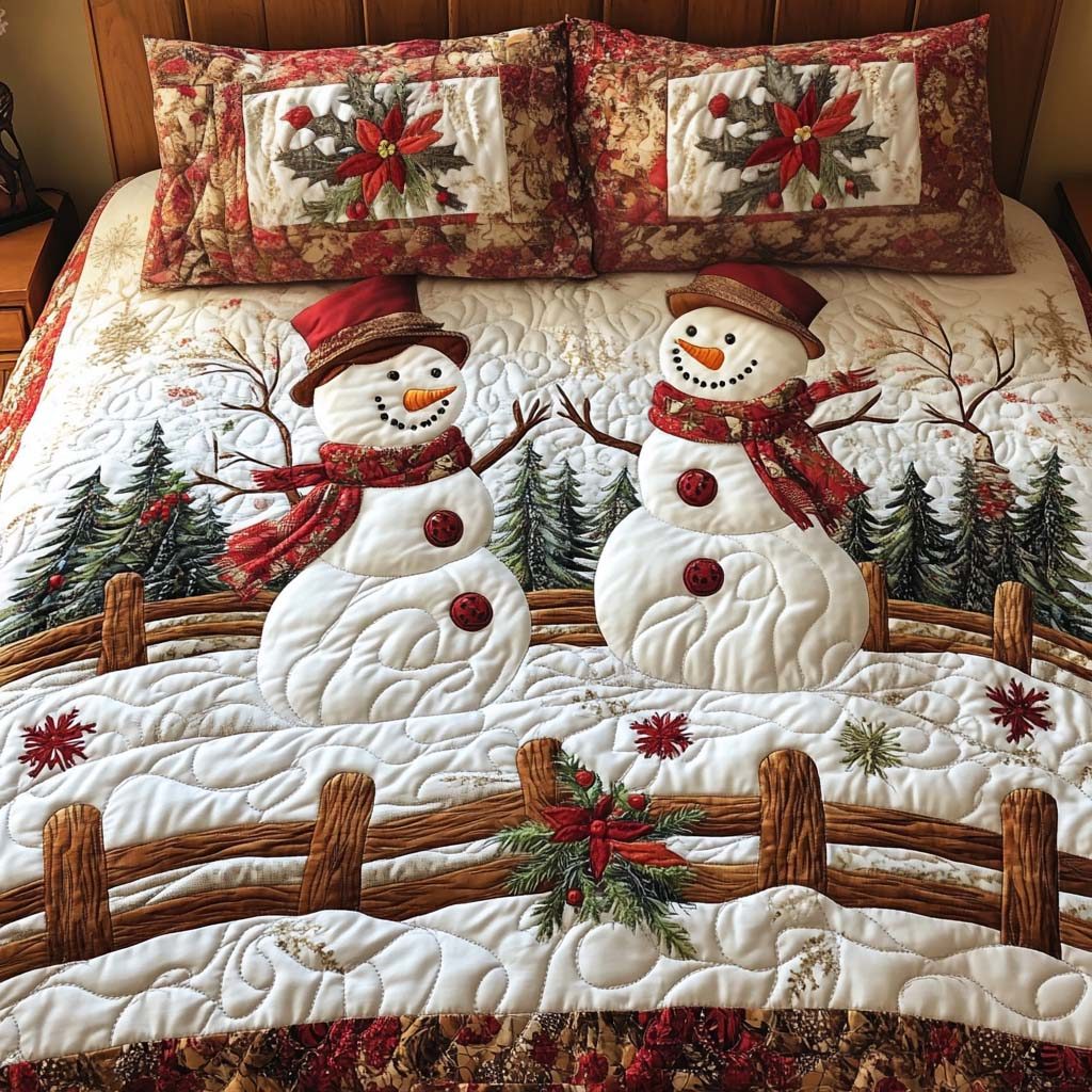 Love and Peace quilted 3-piece bedding set on a made bed with two matching pillow shams