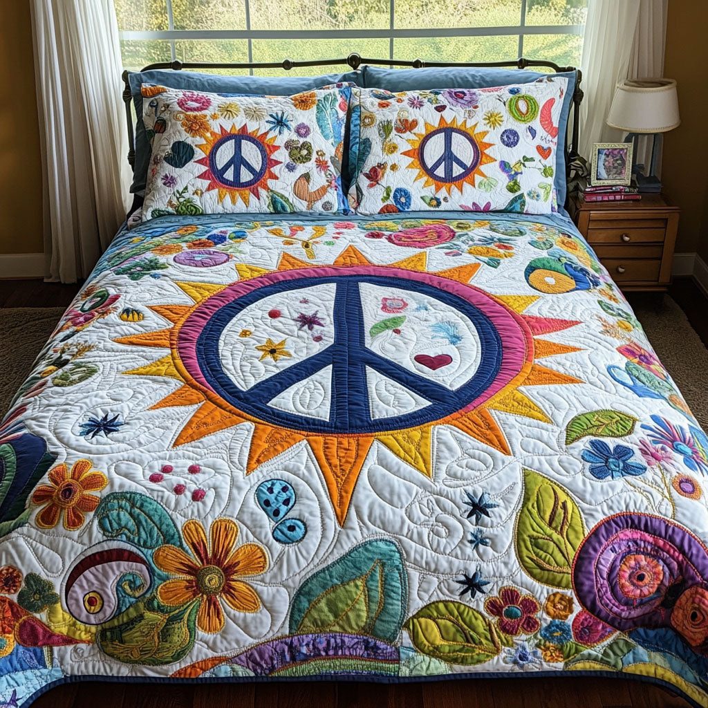 Love and Peace quilted 3-piece bedding set on a made bed with two matching pillow shams