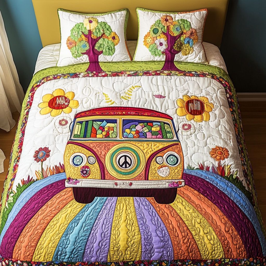Love and Peace Van quilted 3-piece bedding set on a made bed with two matching pillow shams