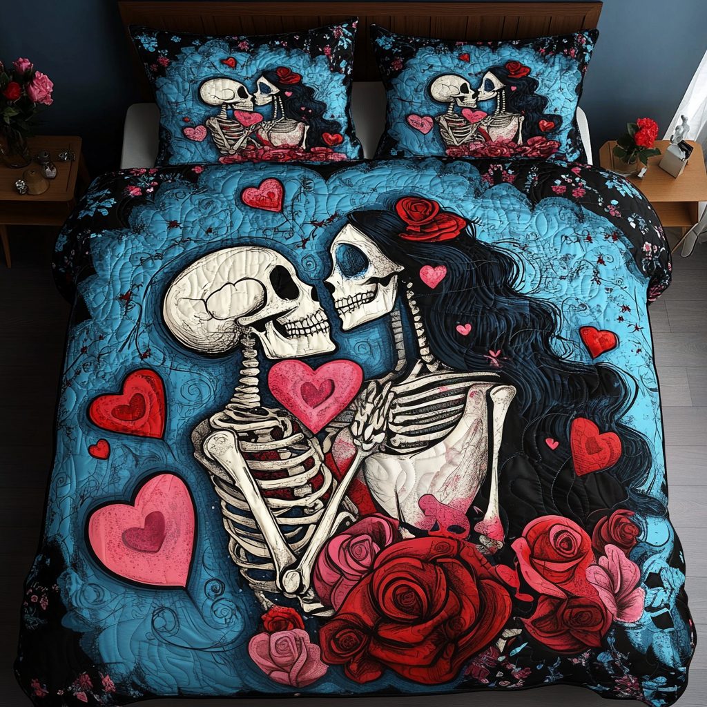 Love Beyond Life quilted 3-piece bedding set on a made bed with two matching pillow shams