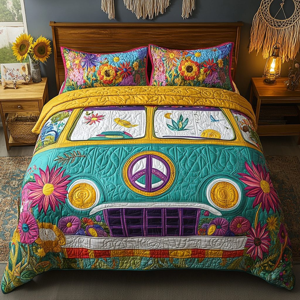 Love Bug quilted 3-piece bedding set on a made bed with two matching pillow shams