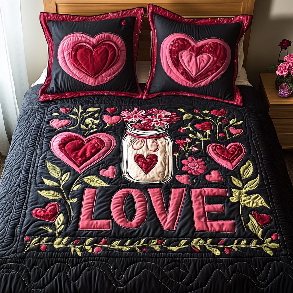 Love Captured quilted 3-piece bedding set on a made bed with two matching pillow shams