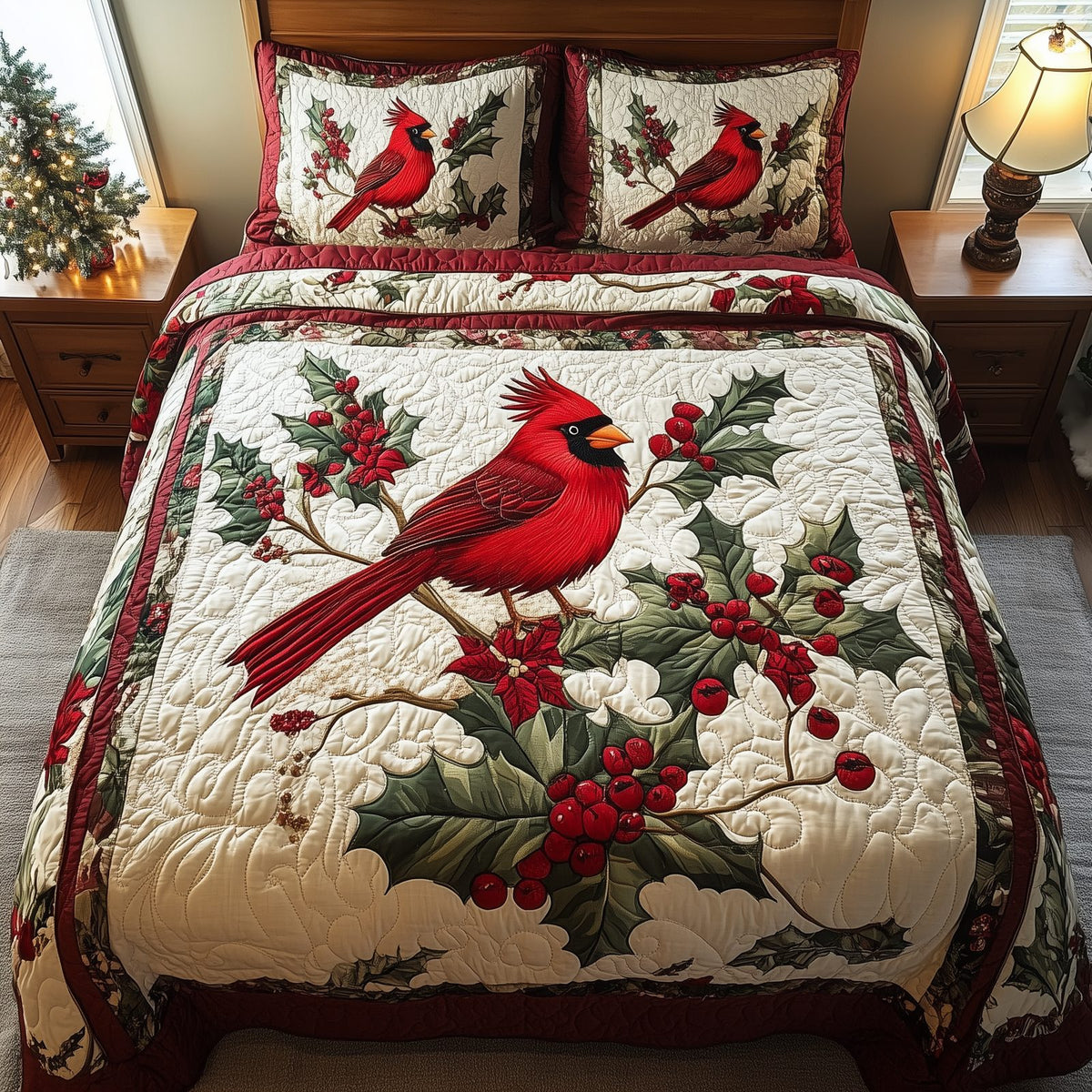 Love Cardinal quilted 3-piece bedding set on a made bed with two matching pillow shams