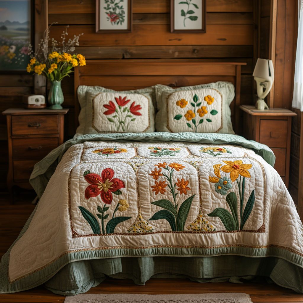 Love in Bloom quilted 3-piece bedding set on a made bed with two matching pillow shams