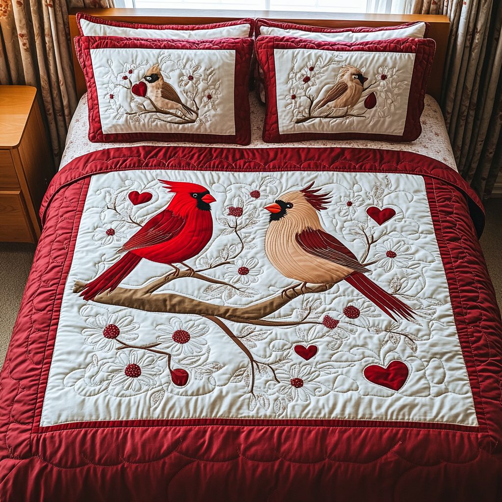Love in Flight quilted 3-piece bedding set on a made bed with two matching pillow shams