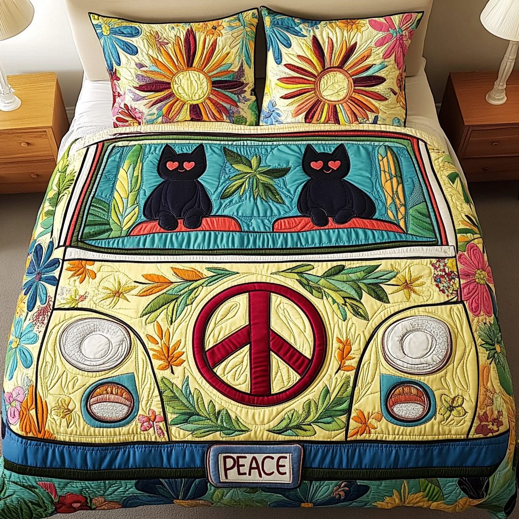 Love Journey quilted 3-piece bedding set on a made bed with two matching pillow shams