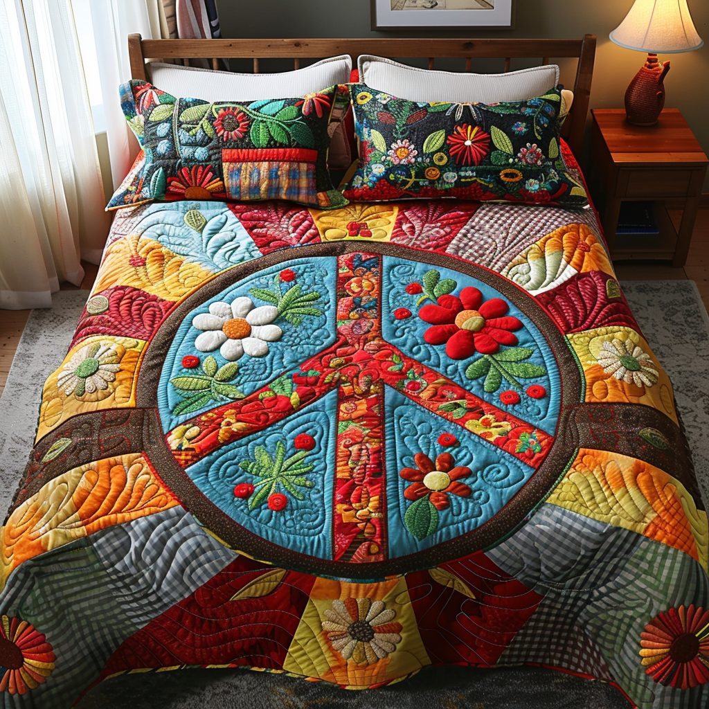 Love Peace quilted 3-piece bedding set on a made bed with two matching pillow shams