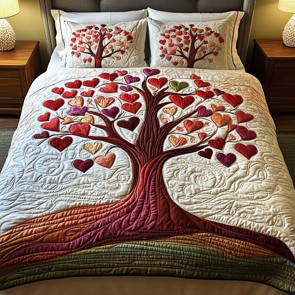 Love Roots quilted 3-piece bedding set on a made bed with two matching pillow shams