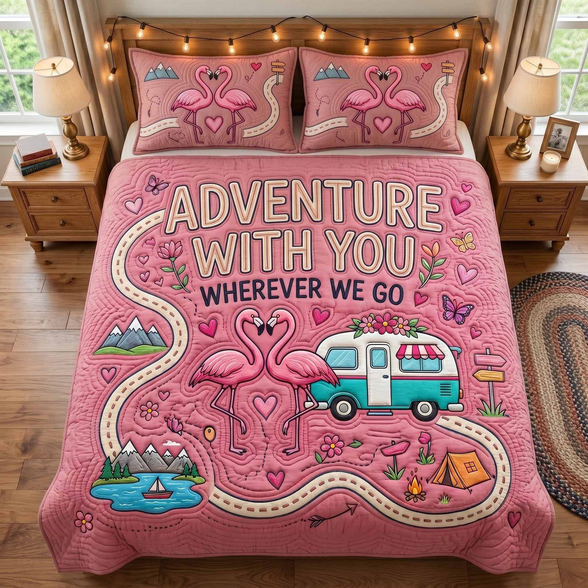Love Trailer quilted 3-piece bedding set on a made bed with two matching pillow shams