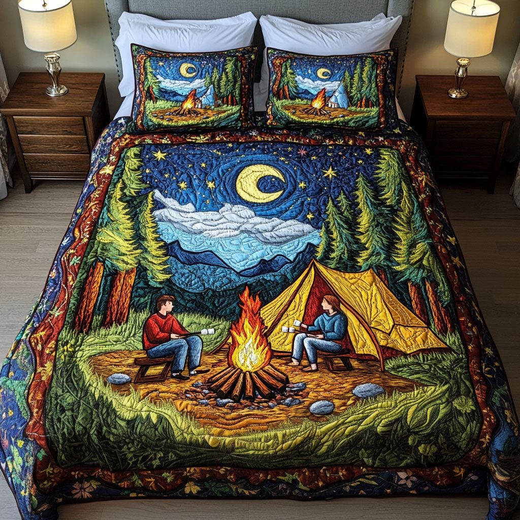 Love Under the Stars quilted 3-piece bedding set on a made bed with two matching pillow shams