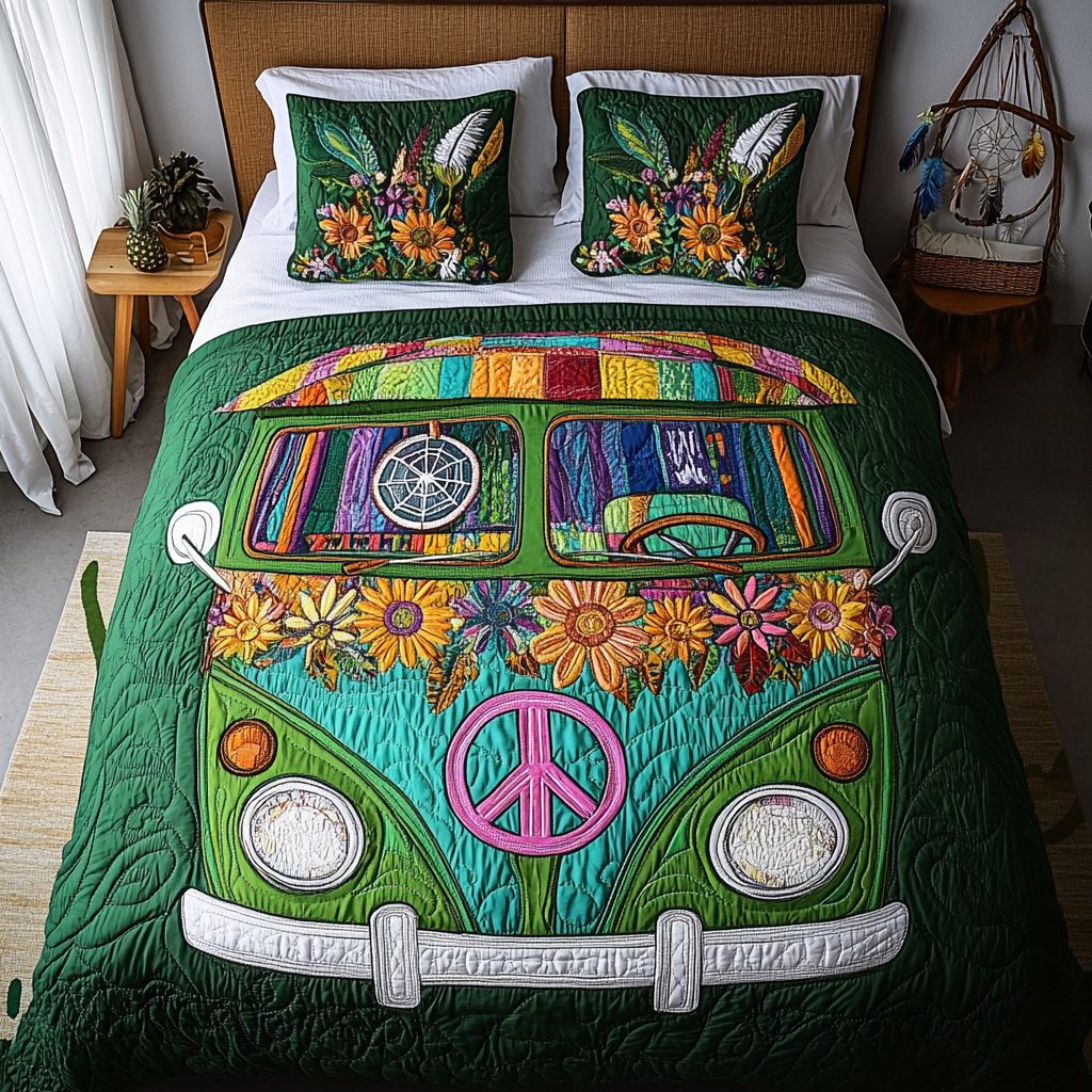 Love Van quilted 3-piece bedding set on a made bed with two matching pillow shams