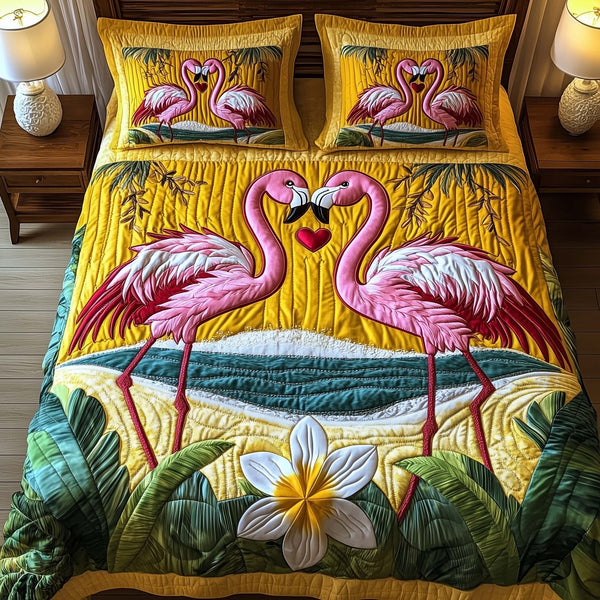 Lovebound Hearts quilted 3-piece bedding set on a made bed with two matching pillow shams