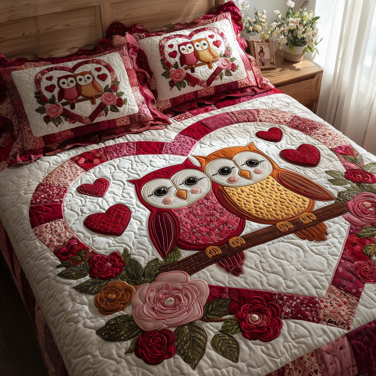 Lovebound Hearts quilted 3-piece bedding set on a made bed with two matching pillow shams