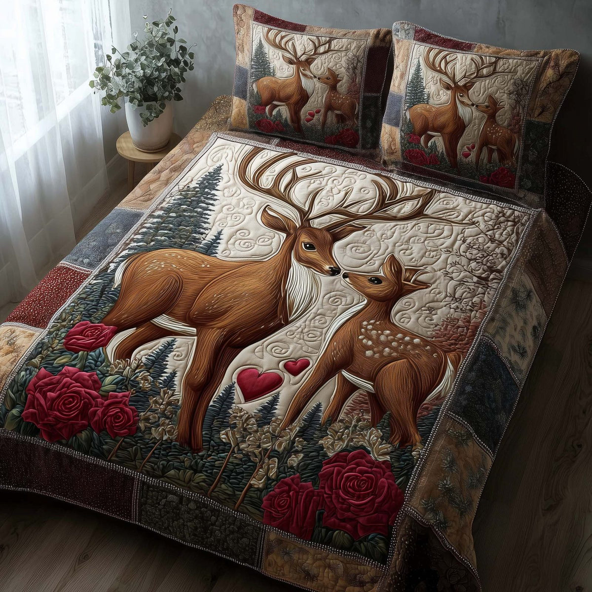 Lovebound Hearts quilted 3-piece bedding set on a made bed with two matching pillow shams