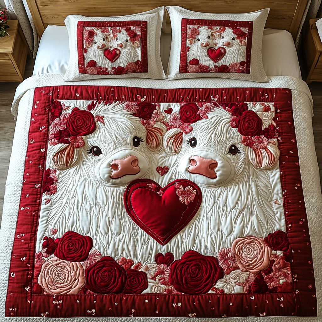 Lovelace quilted 3-piece bedding set on a made bed with two matching pillow shams