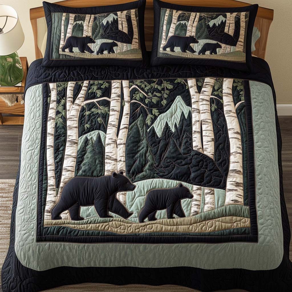 Loving Bear quilted 3-piece bedding set on a made bed with two matching pillow shams