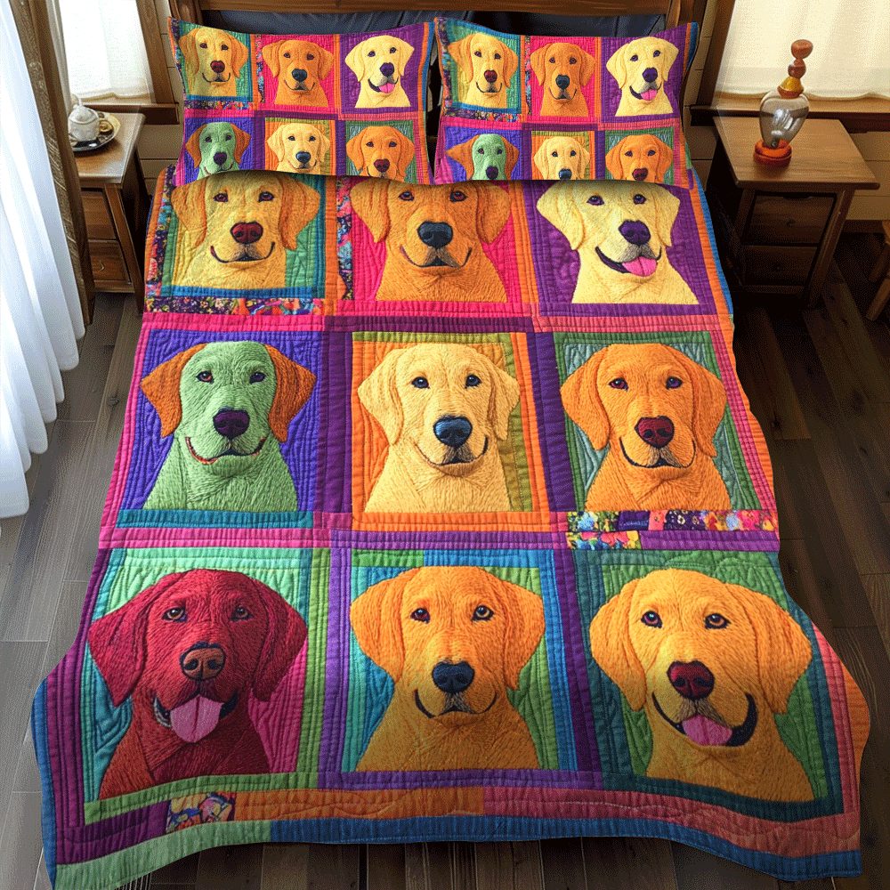 Loving Floral Labrador quilted 3-piece bedding set on a made bed with two matching pillow shams