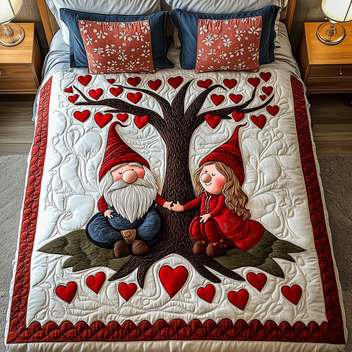 Loving Gnome Haven quilted 3-piece bedding set on a made bed in a winter-styled bedroom
