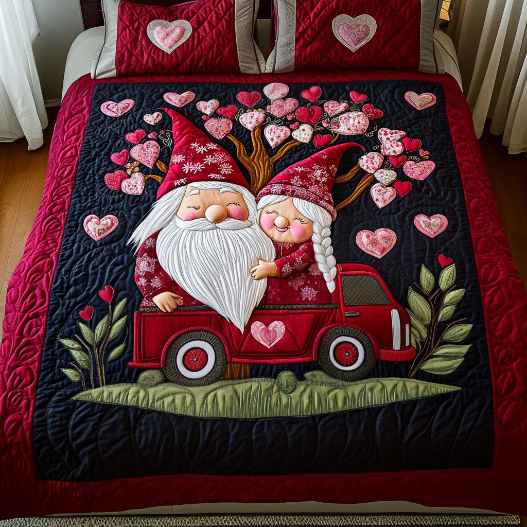 Loving Gnome Pair quilted 3-piece bedding set on a made bed in a winter-styled bedroom