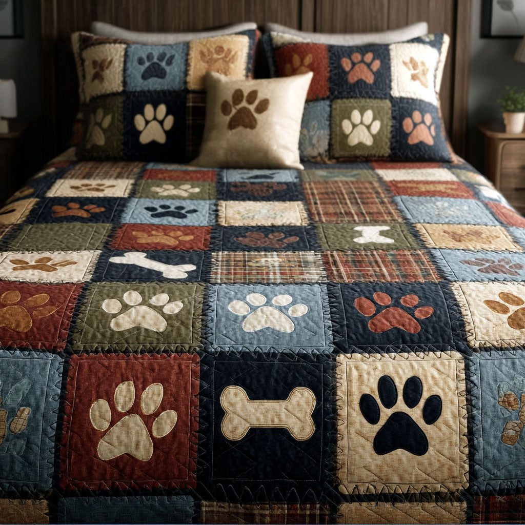 Loving Pawprint quilted 3-piece bedding set on a made bed with two matching pillow shams