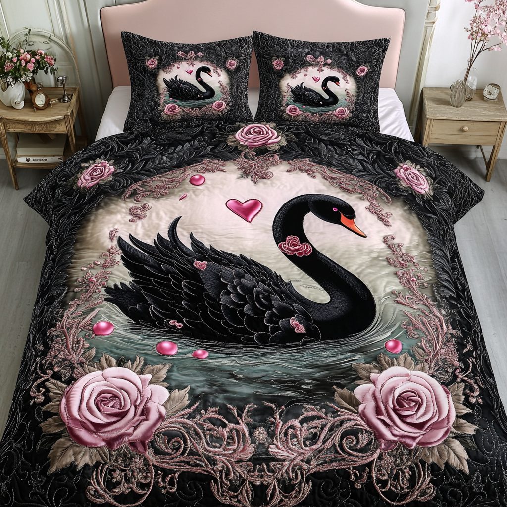 Loving Waters quilted 3-piece bedding set on a made bed with two matching pillow shams