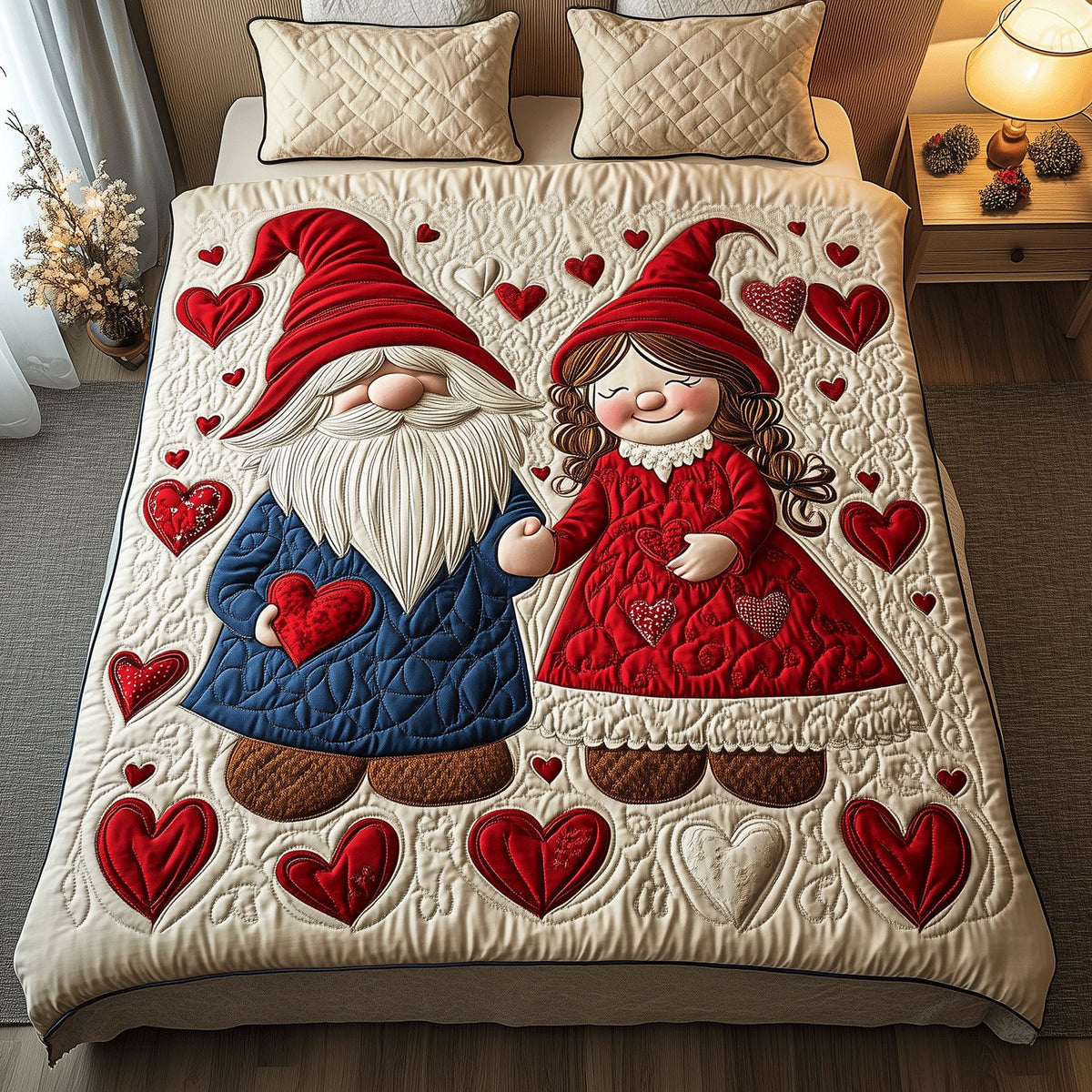 Loving Whimsy quilted 3-piece bedding set on a made bed with two matching pillow shams