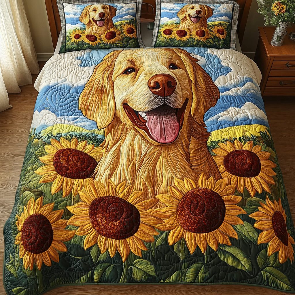 Loyal Companion quilted 3-piece bedding set on a made bed with two matching pillow shams