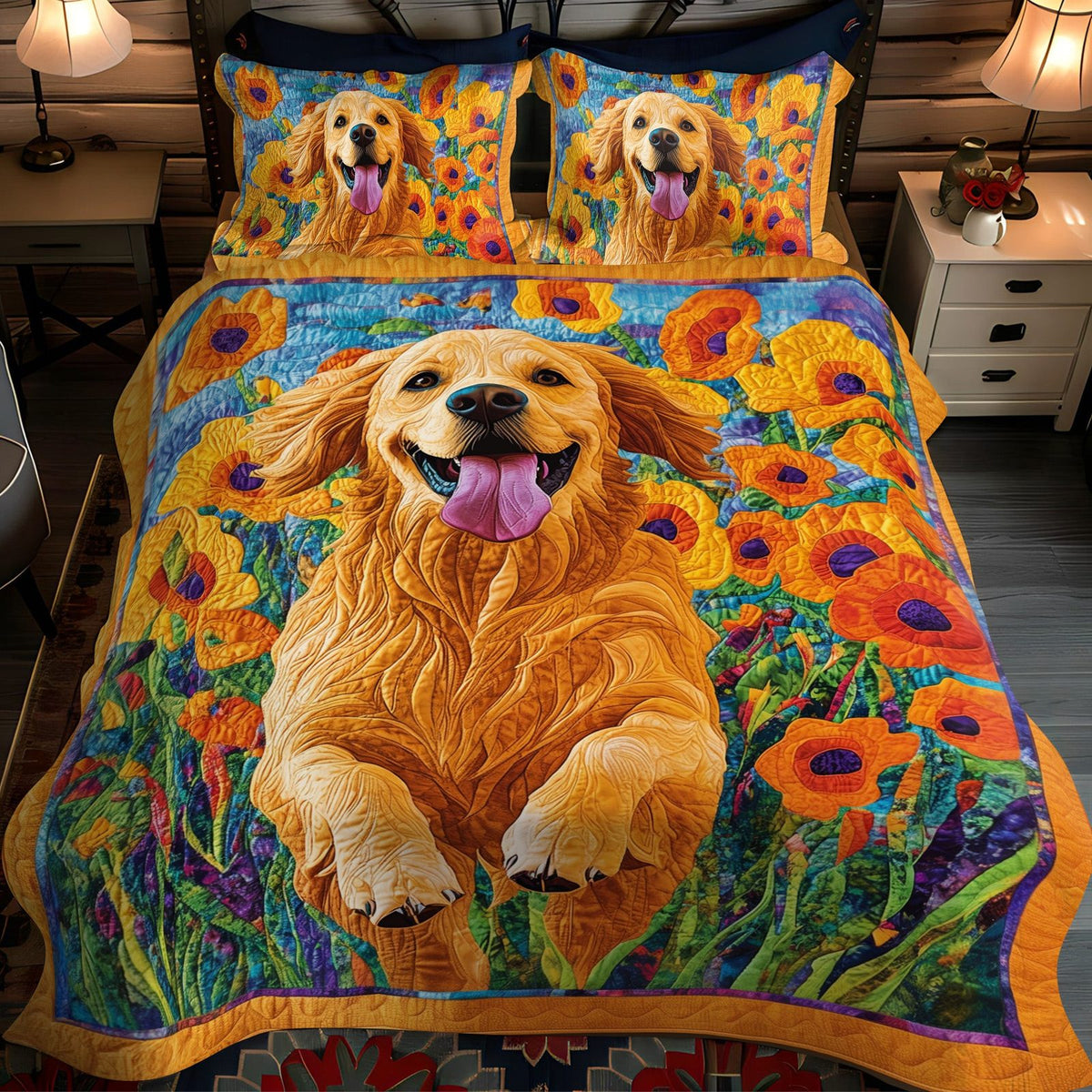 Loyal Friend quilted 3-piece bedding set on a made bed with two matching pillow shams
