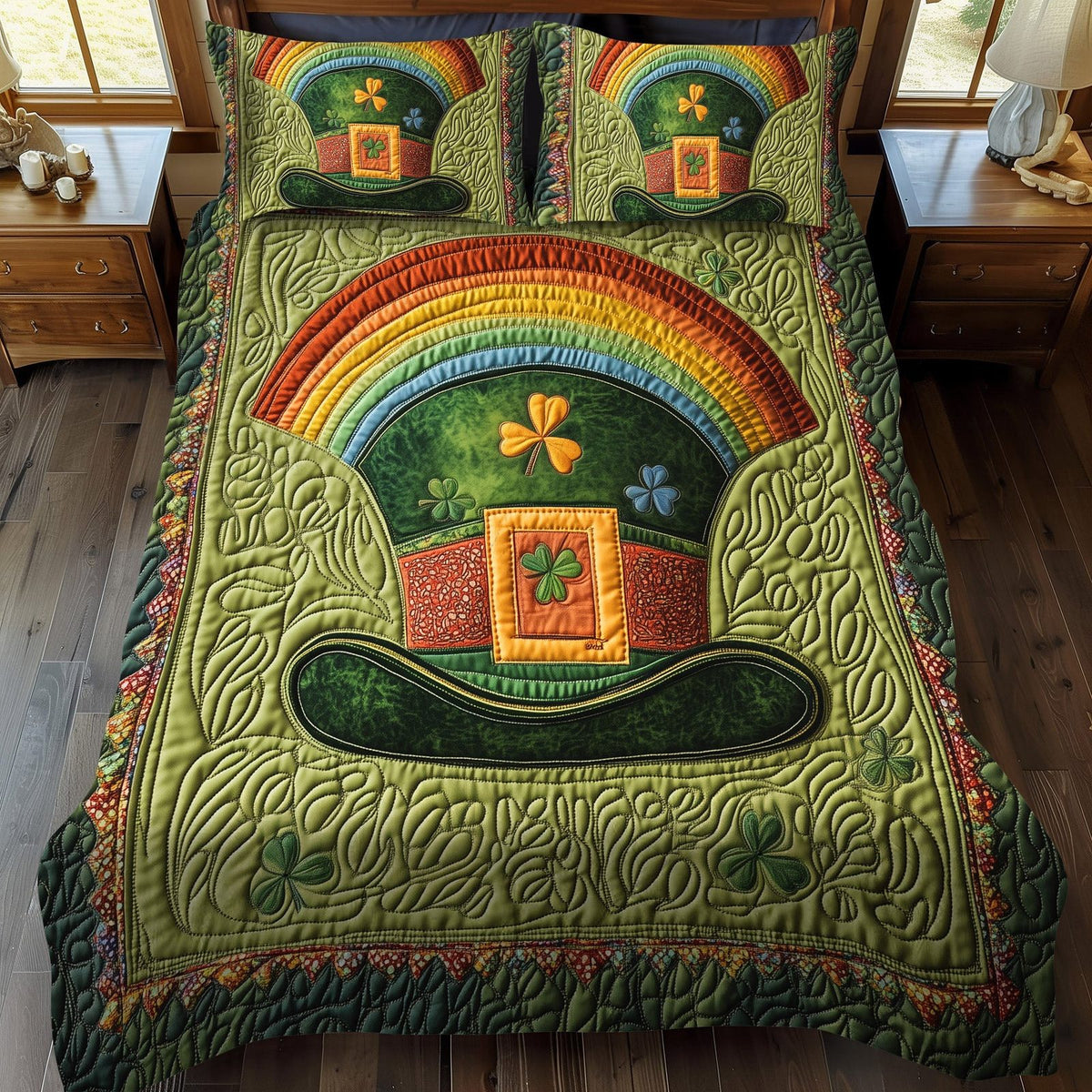 Luck of the Irish quilted 3-piece bedding set on a made bed with two matching pillow shams
