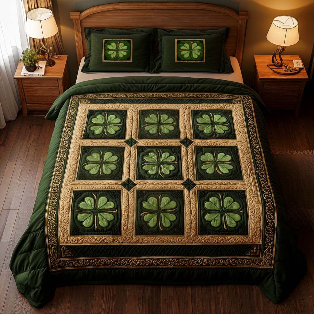 Lucky Charm quilted 3-piece bedding set on a made bed with two matching pillow shams