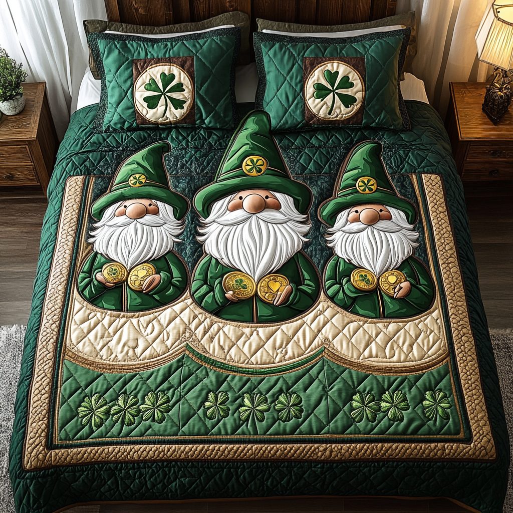 Lucky Gnome quilted 3-piece bedding set on a made bed in a winter-styled bedroom