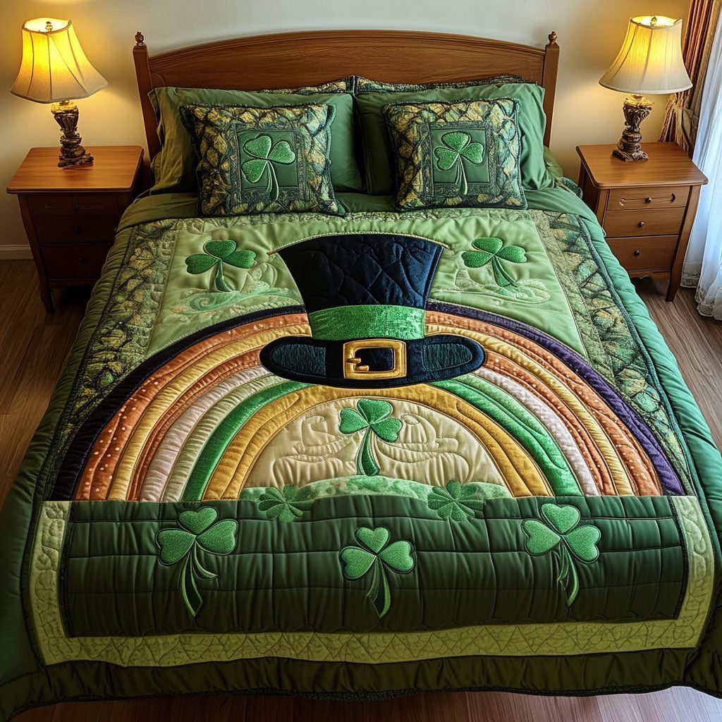 Lucky Hat Charm quilted 3-piece bedding set on a made bed in a rustic timber bedroom