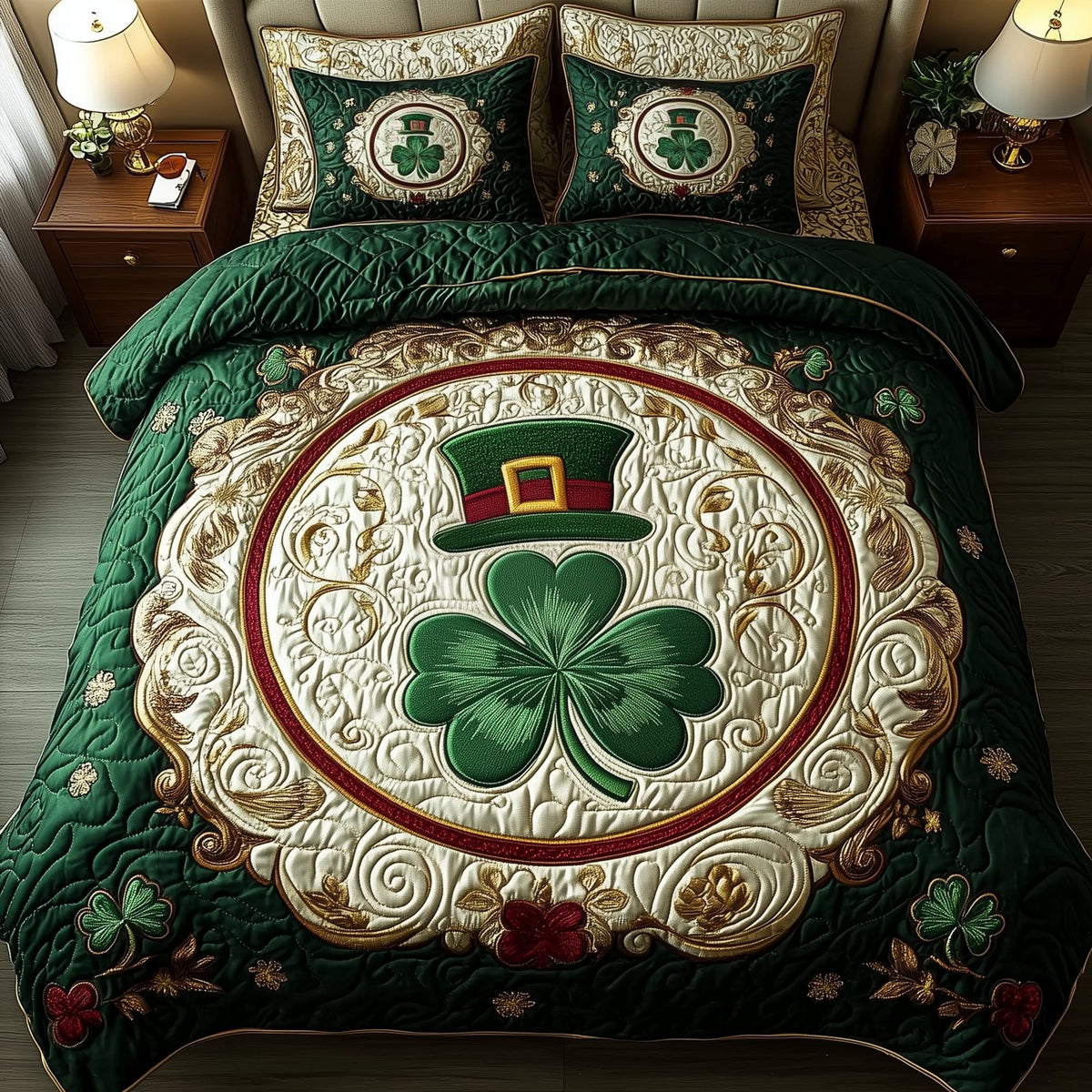 Lucky Irish Shamrock quilted 3-piece bedding set on a made bed with two matching pillow shams