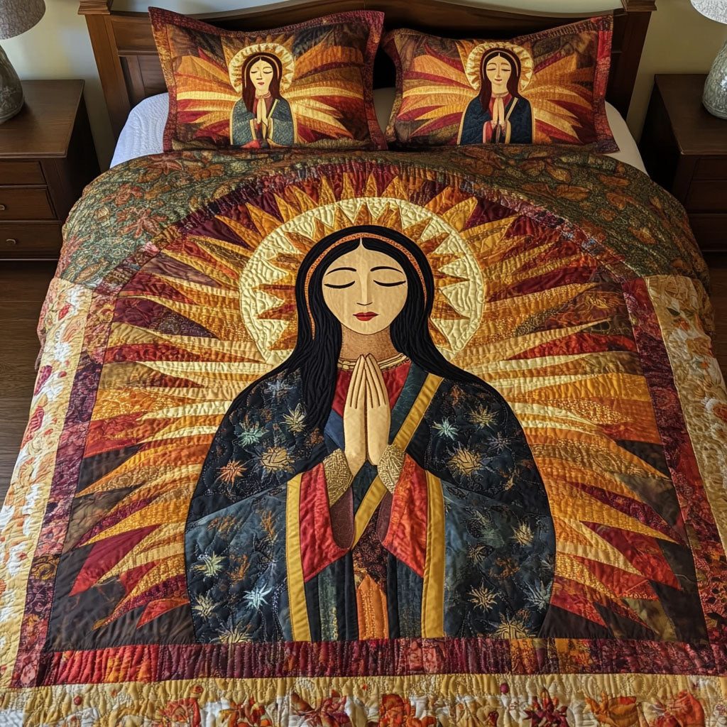 Luminescent Prayer quilted 3-piece bedding set on a made bed in a softly lit bedroom