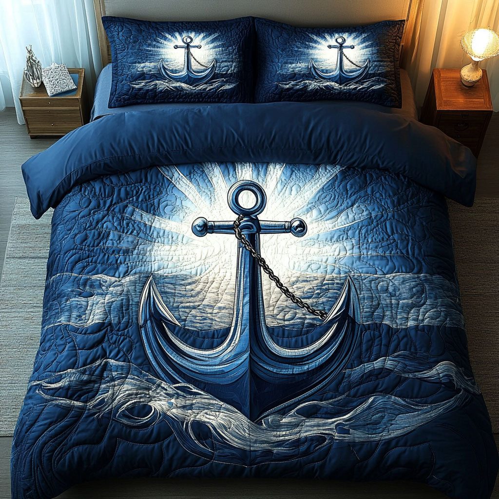 Luminous Anchor quilted 3-piece bedding set on a made bed in a light coastal bedroom