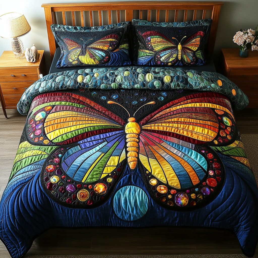 Luminous Wings quilted 3-piece bedding set on a made bed with two matching pillow shams