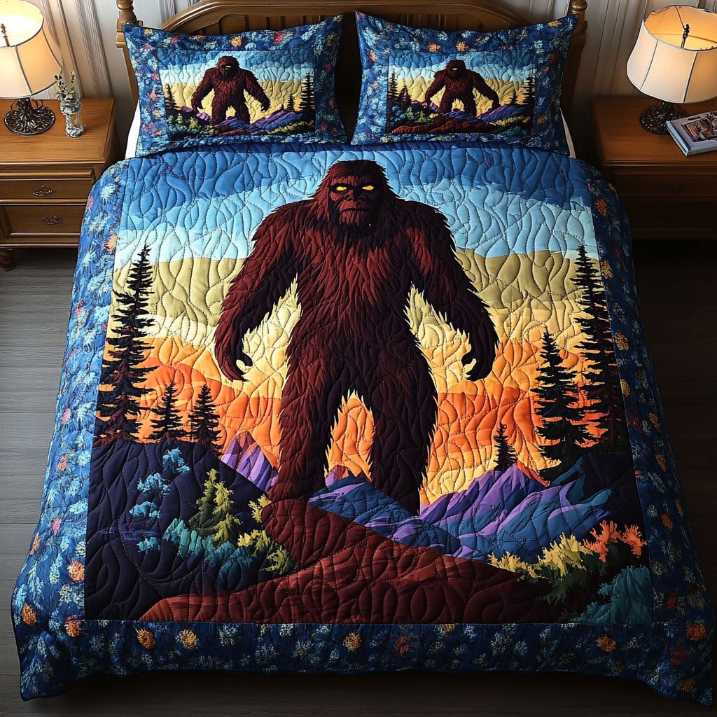 Lunar Beast quilted 3-piece bedding set on a made bed with two matching pillow shams