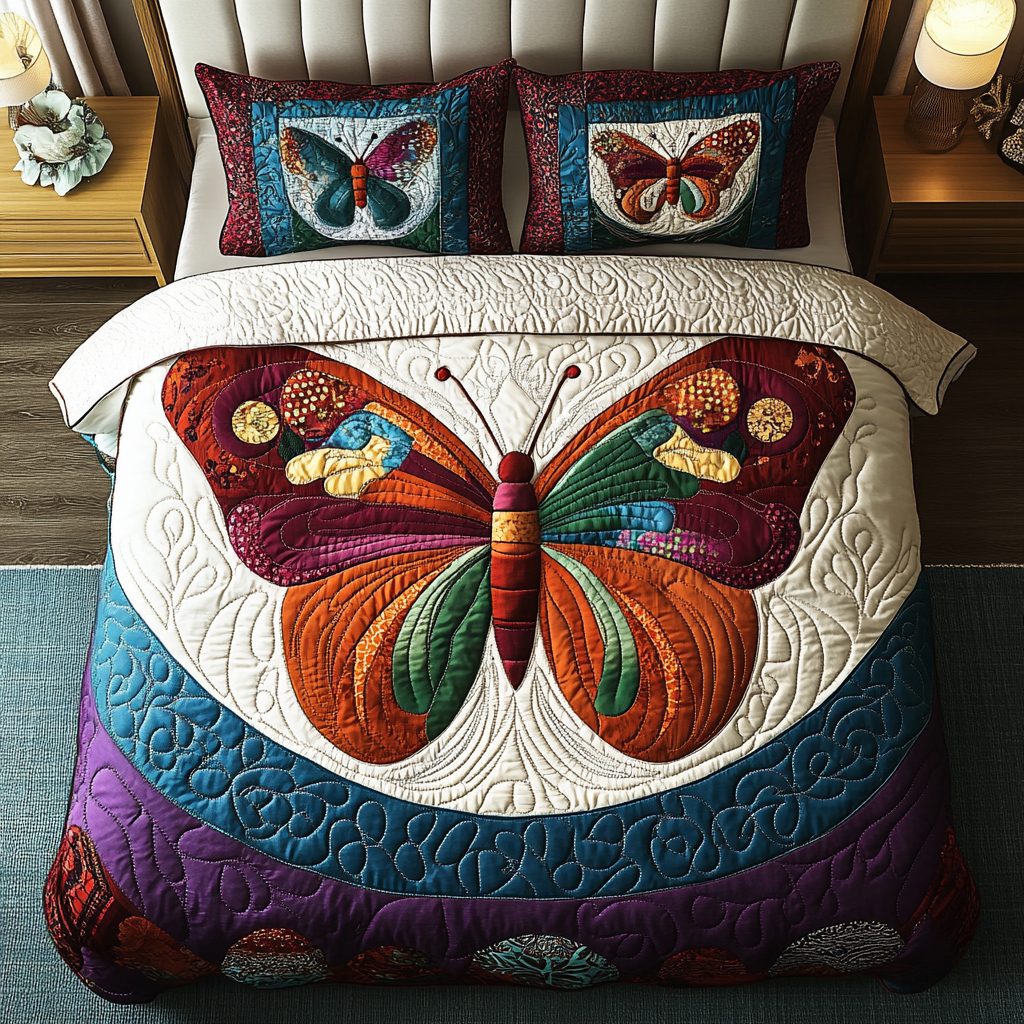 Lunar Butterfly quilted 3-piece bedding set on a made bed with two matching pillow shams