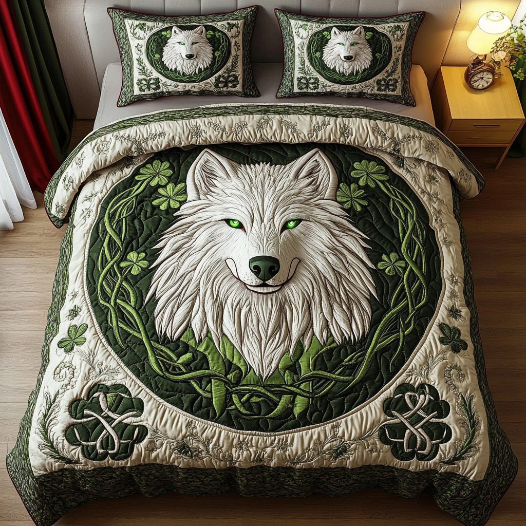 Lunar Clover quilted 3-piece bedding set on a made bed with two matching pillow shams
