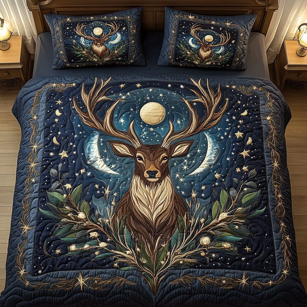 Lunar Elegance quilted 3-piece bedding set on a made bed with two matching pillow shams