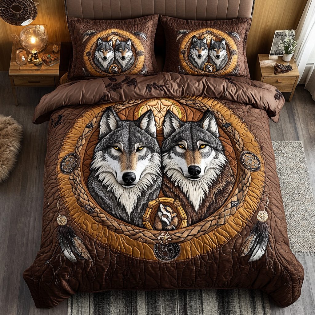 Lunar Guardians quilted 3-piece bedding set on a made bed with two matching pillow shams