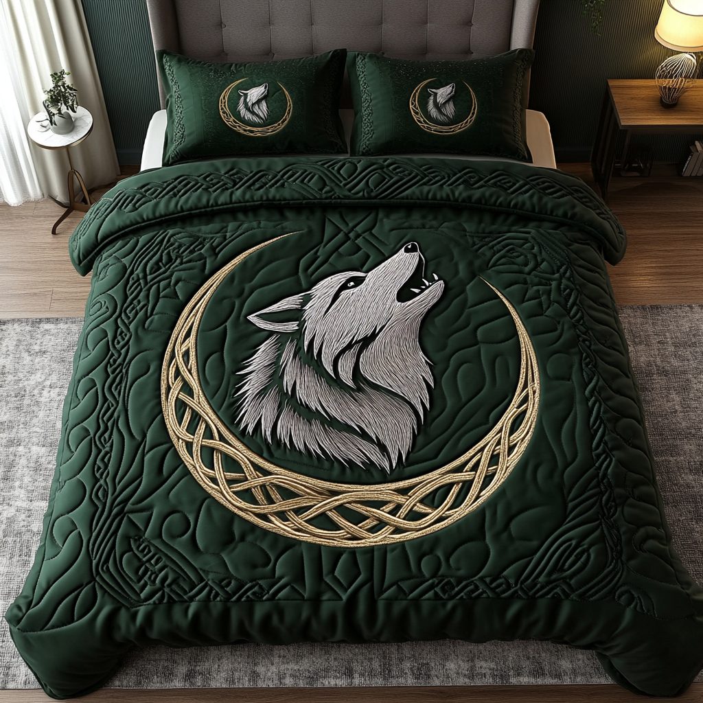 Lunar Howl quilted 3-piece bedding set on a made bed with two matching pillow shams