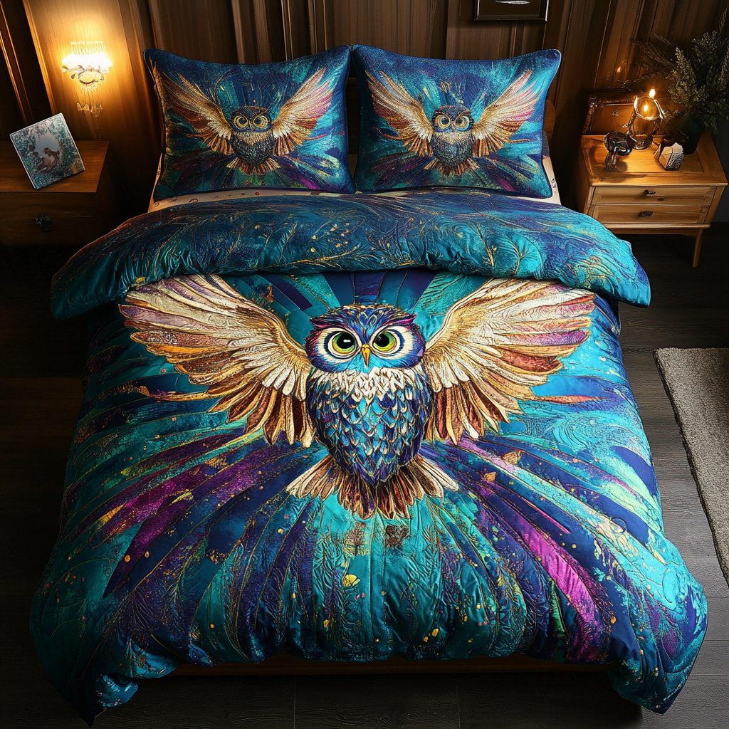 Lunar Lookout quilted 3-piece bedding set on a made bed with two matching pillow shams