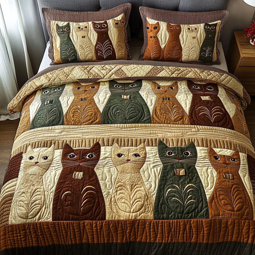 Lunar Lounging quilted 3-piece bedding set on a made bed with two matching pillow shams