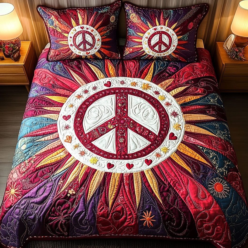 Lunar Love quilted 3-piece bedding set on a made bed with two matching pillow shams