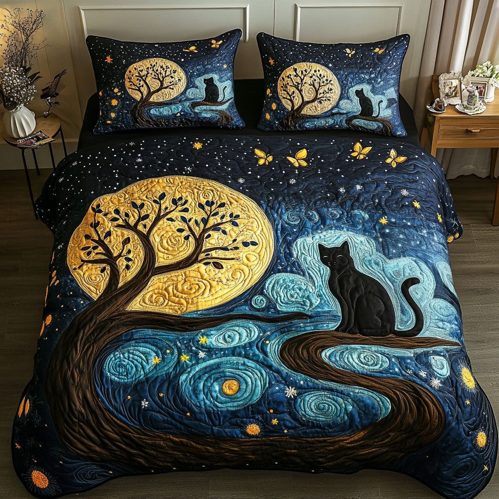 Lunar Lurker quilted 3-piece bedding set on a made bed with two matching pillow shams