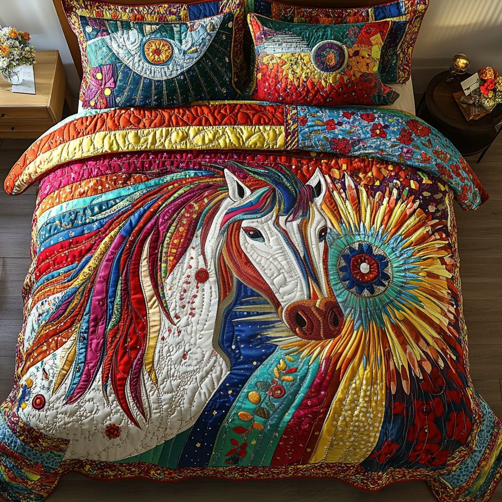 Lunar Mustang quilted 3-piece bedding set on a made bed with two matching pillow shams